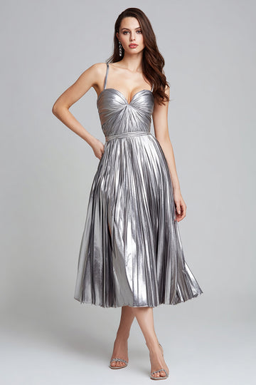 Metallic Silver Pleated A Line Midi Formal Dress